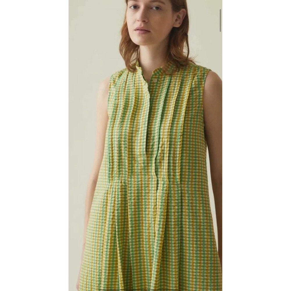 Toast Womens Gingham Plaid Sleeveless Midi Dress Green Mustard Yellow 14